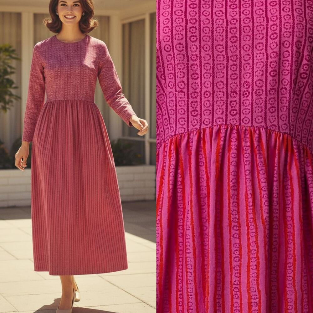 RARE Marimekko Pink Kukkaraita Design Vuokko Nurmesniemi 60s Cotton Maxi Dress - Picture 1 of 15
